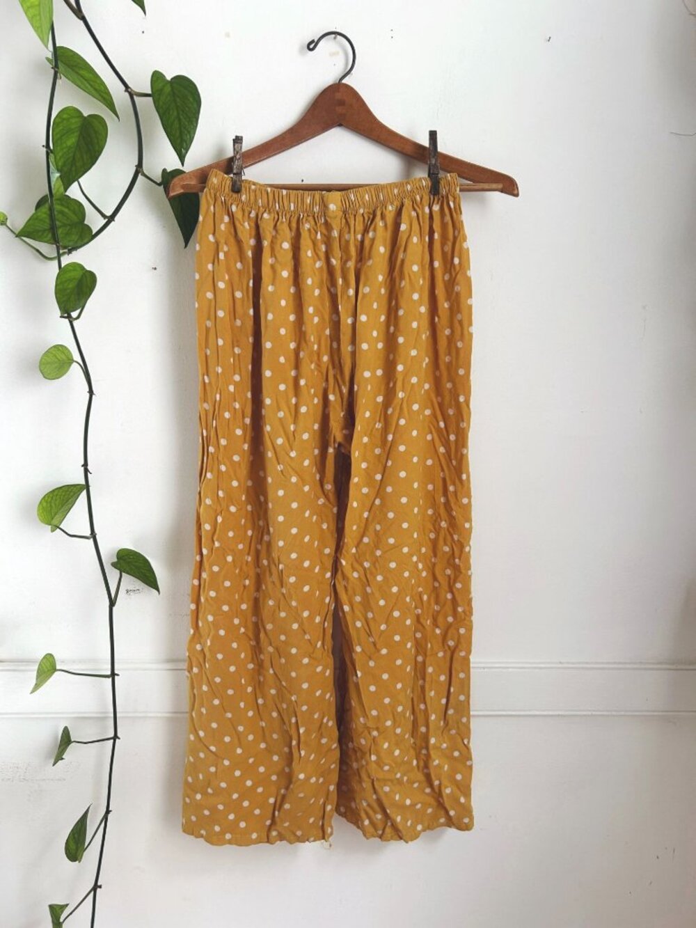 Polka Dot Mustard Yellow Wide-Leg Elastic Waist Pants Lightweight XS S Flowy Boh - Picture 4 of 8